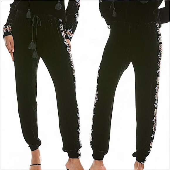 Johnny Was Black Velvet Embroidered Lempicka Easy Jogger Pants Boho New NWT M - Picture 4 of 10